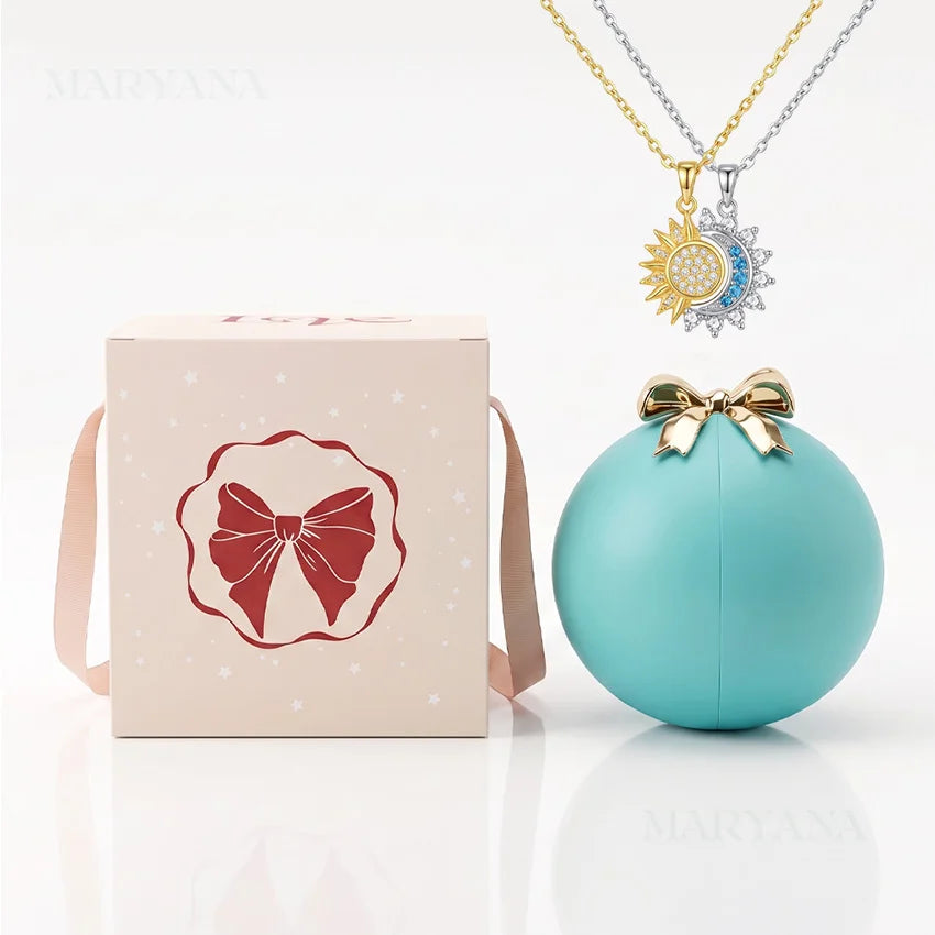 BOITE SPHÈRE MAGIQUE BLEU AVEC COLLIER SOLEIL ET LUNE