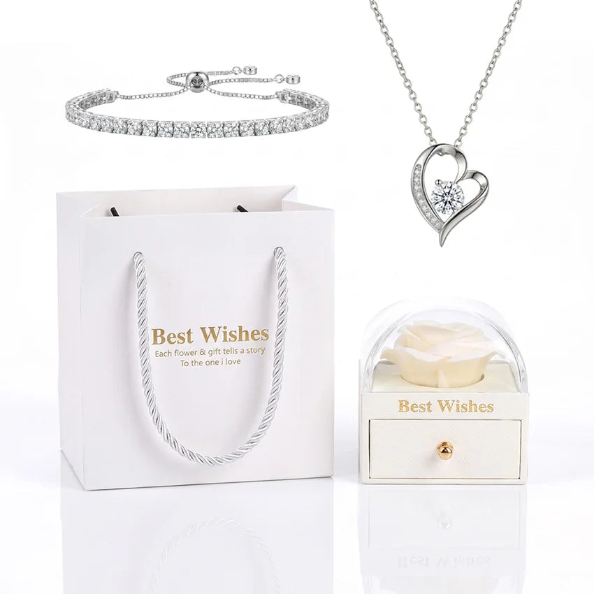 BOITE AMOUR ÉTERNEL BLANC AVEC COLLIER CŒUR PRÉCIEUX ET GOURMETTE RIVIÈRE