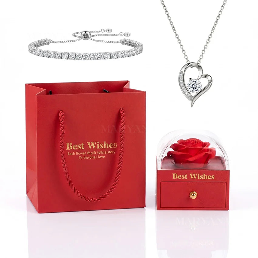 BOITE AMOUR ÉTERNEL ROUGE AVEC COLLIER CŒUR PRÉCIEUX ET GOURMETTE RIVIÈRE