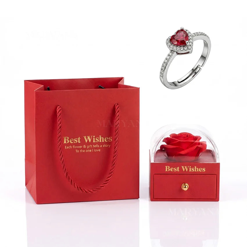 BOITE AMOUR ÉTERNEL ROUGE AVEC BAGUE CŒUR PRÉCIEUX ROUGE
