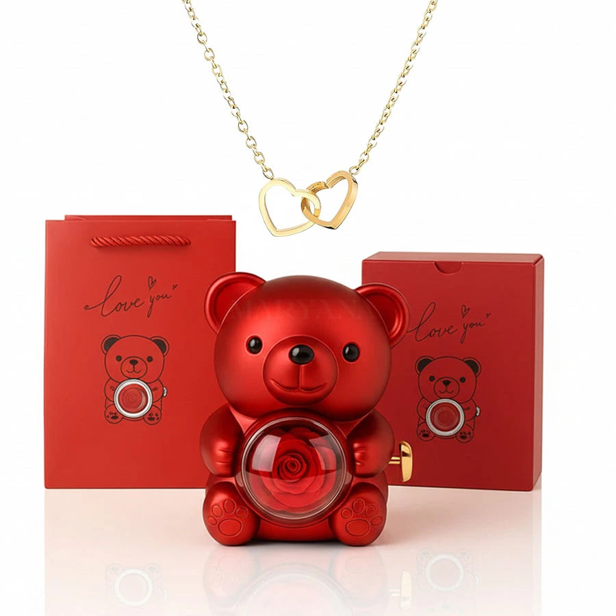 BOÎTE DOUDOU ROSE AVEC COLLIER DOUBLE CŒUR