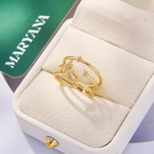 BAGUE OUVERTE MULTICOUCHES EN FORME D'ÉTOILE ET DE LUNE - MARYANA BIJOUX