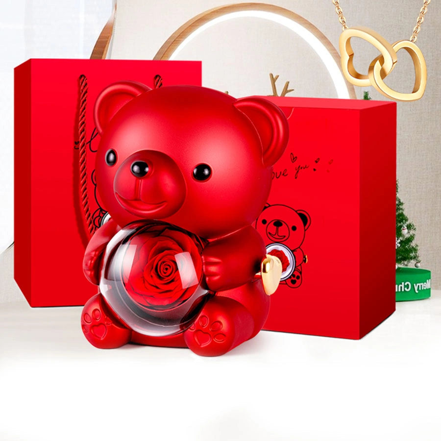 BOÎTE DOUDOU ROSE AVEC COLLIER DOUBLE CŒUR