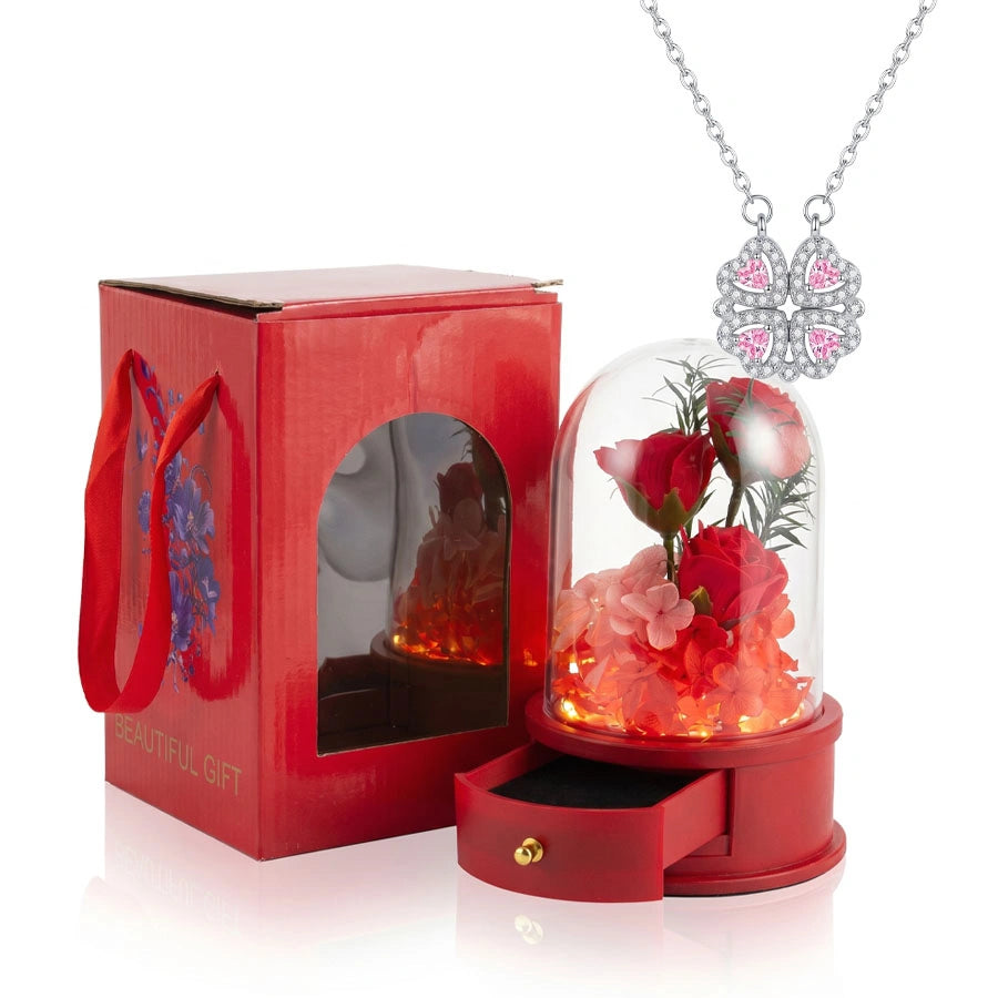 BOÎTE JARDIN D'AMOUR AVEC COLLIER CŒUR TRÈFLE MAGNÉTIQUE ROSE