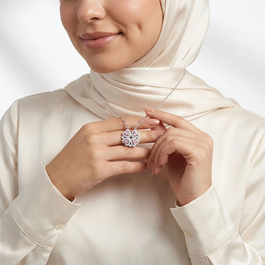 BOÎTE JARDIN D'AMOUR AVEC COLLIER CŒUR TRÈFLE MAGNÉTIQUE ROSE