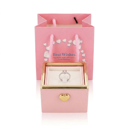 BOITE SURPRISE ROUGE  AVEC ROSE CŒUR PRÉCIEUX ROSE