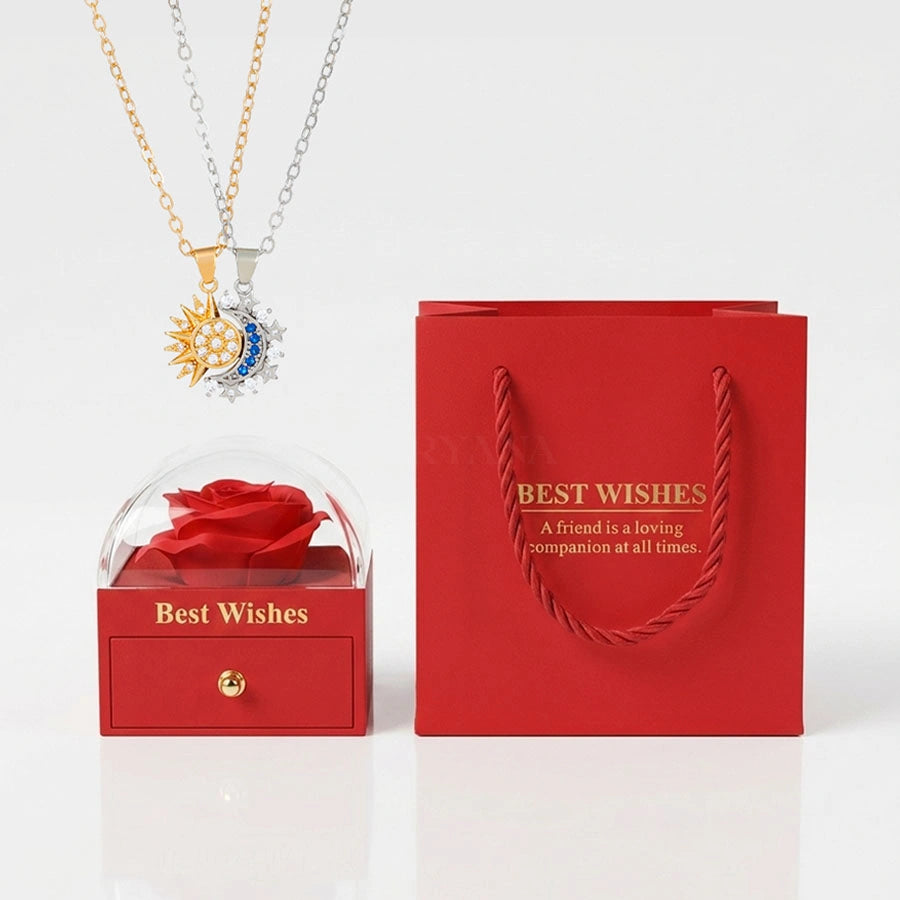 BOÎTE AMOUR ÉTERNEL ROUGE AVEC COLLIER SOLEIL ET LUNE