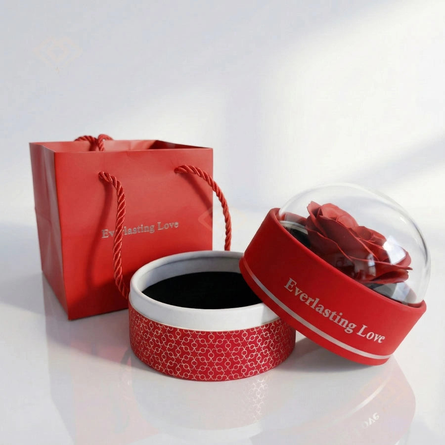 BOITE FLEUR ETERNA ROUGE AVEC COLLIER CŒUR LUMIÈRE