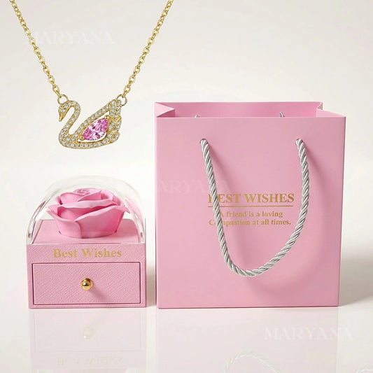 BOITE AMOUR ÉTERNEL ROSE AVEC COLLIER CYGNE ROSE