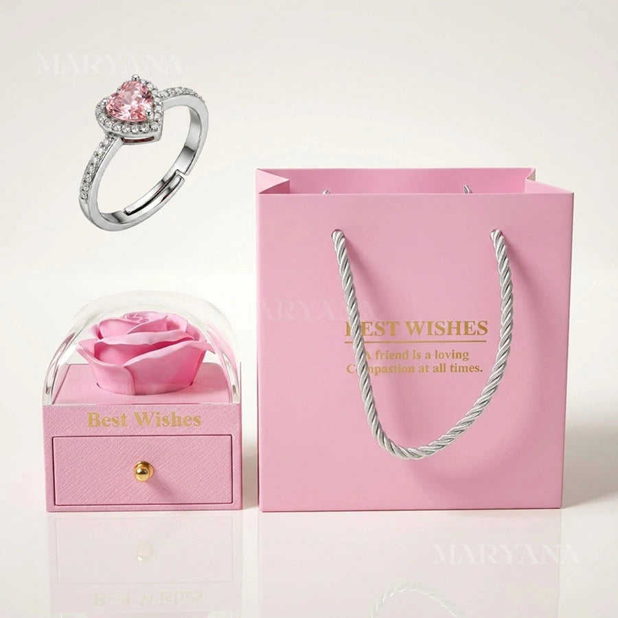 BOITE AMOUR ÉTERNEL ROSE AVEC BAGUE CŒUR PRÉCIEUX ROSE