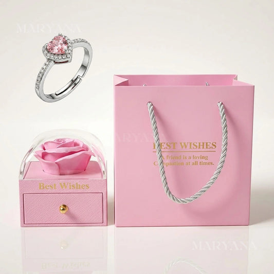 BOITE AMOUR ÉTERNEL ROSE AVEC BAGUE CŒUR PRÉCIEUX ROSE
