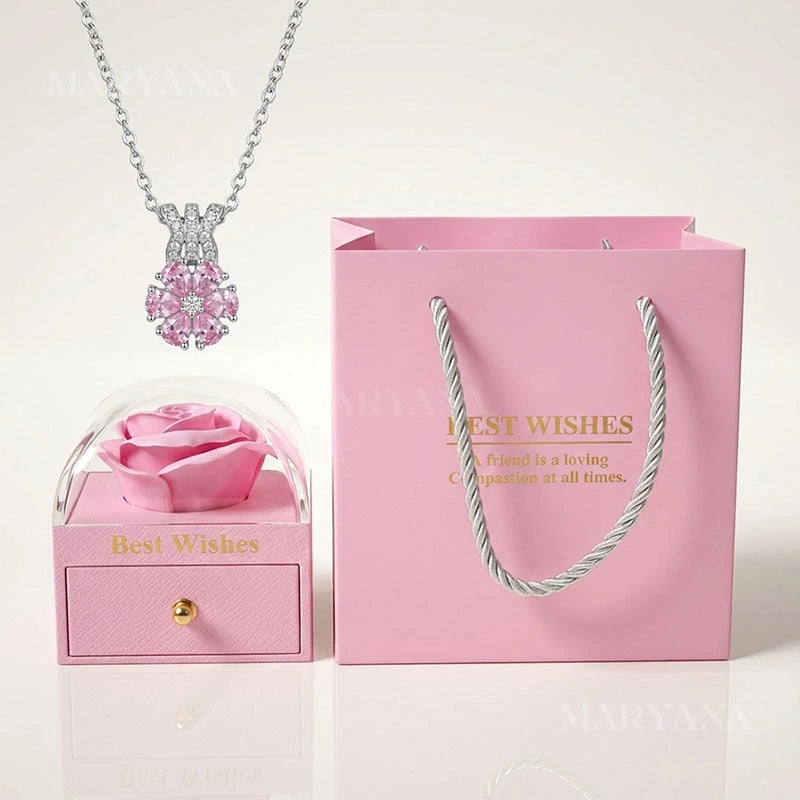 BOITE AMOUR ÉTERNEL ROSE AVEC COLLIER GLACE PILÉE DE LUXE