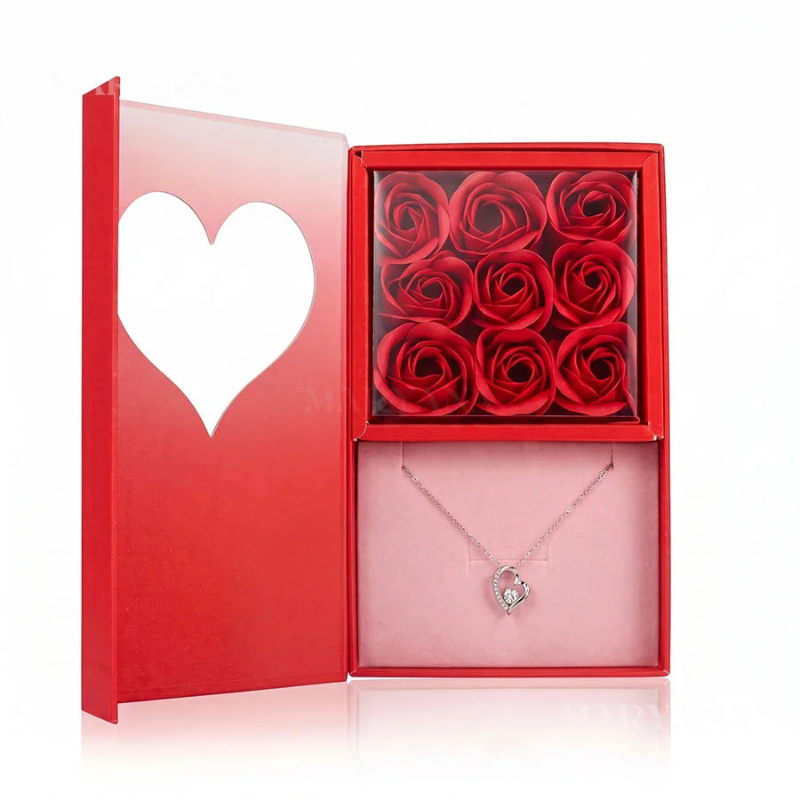 BOÎTE PASSION ÉTERNELLE ROUGE AVEC COLLIER CŒUR PRÉCIEUX