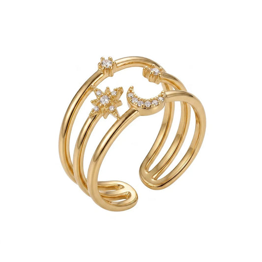 BAGUE OUVERTE MULTICOUCHES EN FORME D'ÉTOILE ET DE LUNE