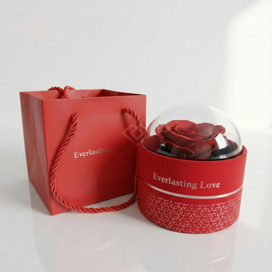 BOITE FLEUR ETERNA ROUGE AVEC COLLIER CŒUR LUMIÈRE