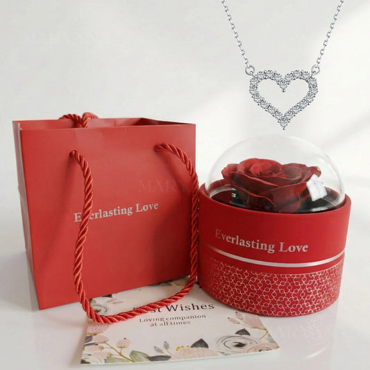 BOITE FLEUR ETERNA ROUGE AVEC COLLIER CŒUR LUMIÈRE