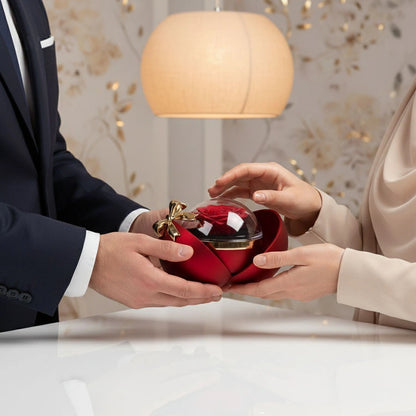 BOITE SPHÈRE MAGIQUE ROUGE AVEC COLLIER SOLEIL ET LUNE