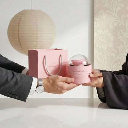 BOITE FLEUR ETERNA ROSE AVEC PACK ANGE D’AMOUR ÉTERNEL