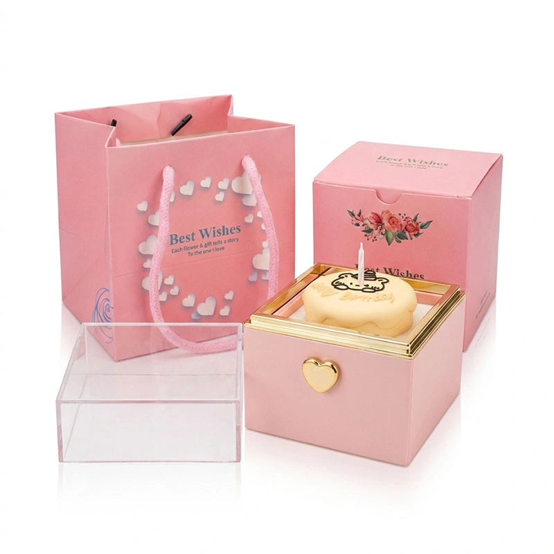 BOITE SURPRISE ROUGE  AVEC ROSE CŒUR PRÉCIEUX ROSE