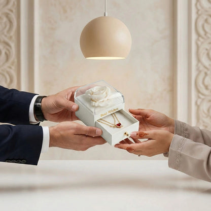 BOÎTE AMOUR ÉTERNEL BLANC AVEC COLLIER CŒUR ET ÉPÉE (2 PIÈCES)