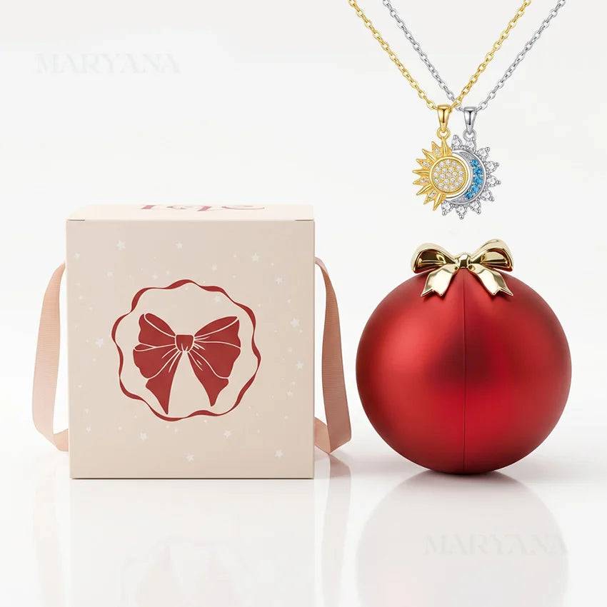 BOITE SPHÈRE MAGIQUE ROUGE AVEC COLLIER SOLEIL ET LUNE