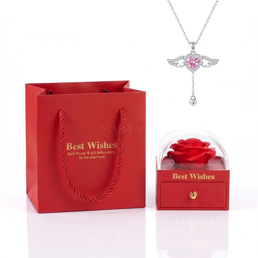 BOITE AMOUR ÉTERNEL ROUGE AVEC COLLIER ANGE D'AMOUR