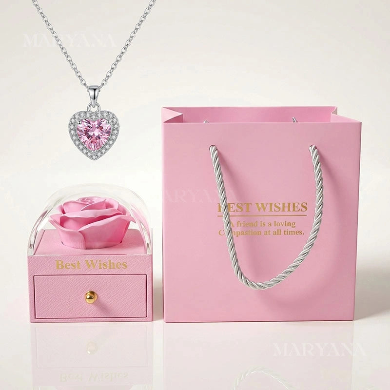 BOITE AMOUR ÉTERNEL ROSE AVEC COLLIER CŒUR ROSÉ