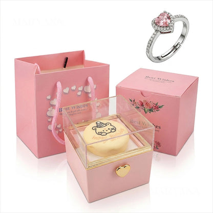 BOITE SURPRISE ROUGE  AVEC ROSE CŒUR PRÉCIEUX ROSE