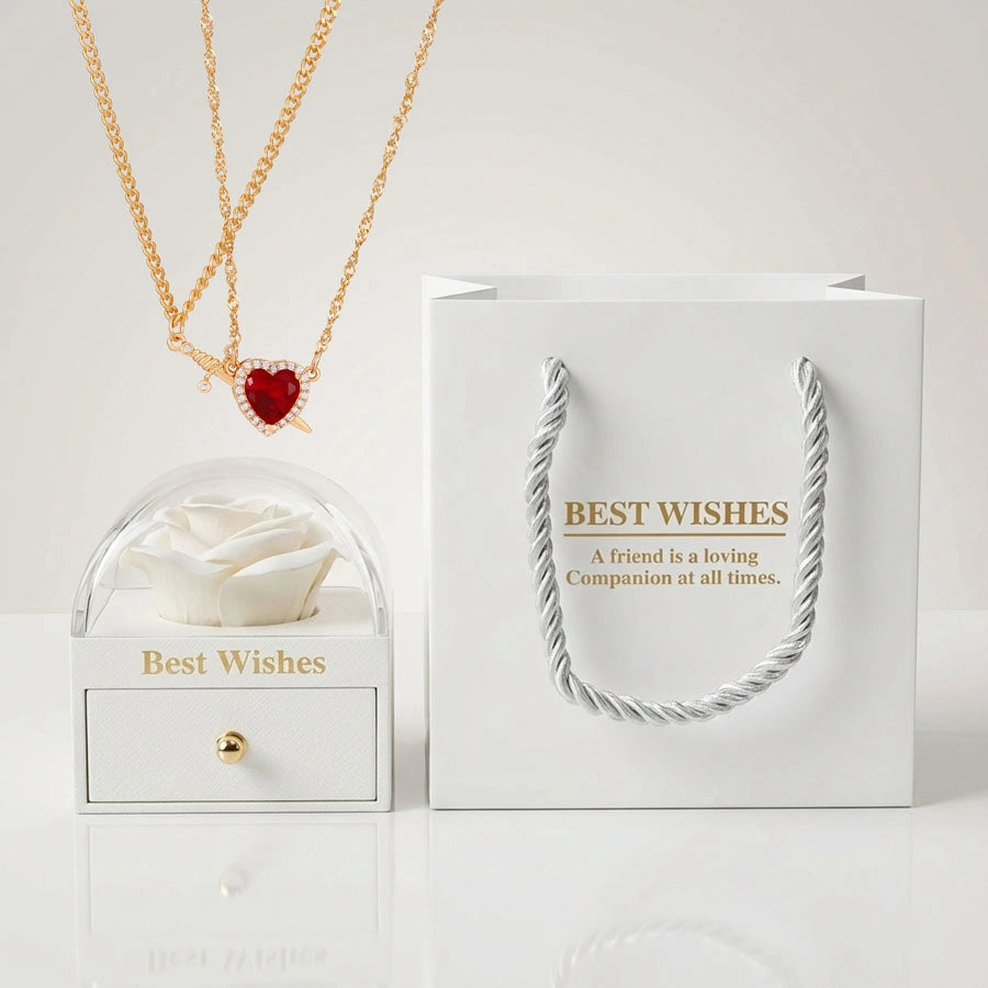 BOÎTE AMOUR ÉTERNEL BLANC AVEC COLLIER CŒUR ET ÉPÉE (2 PIÈCES)