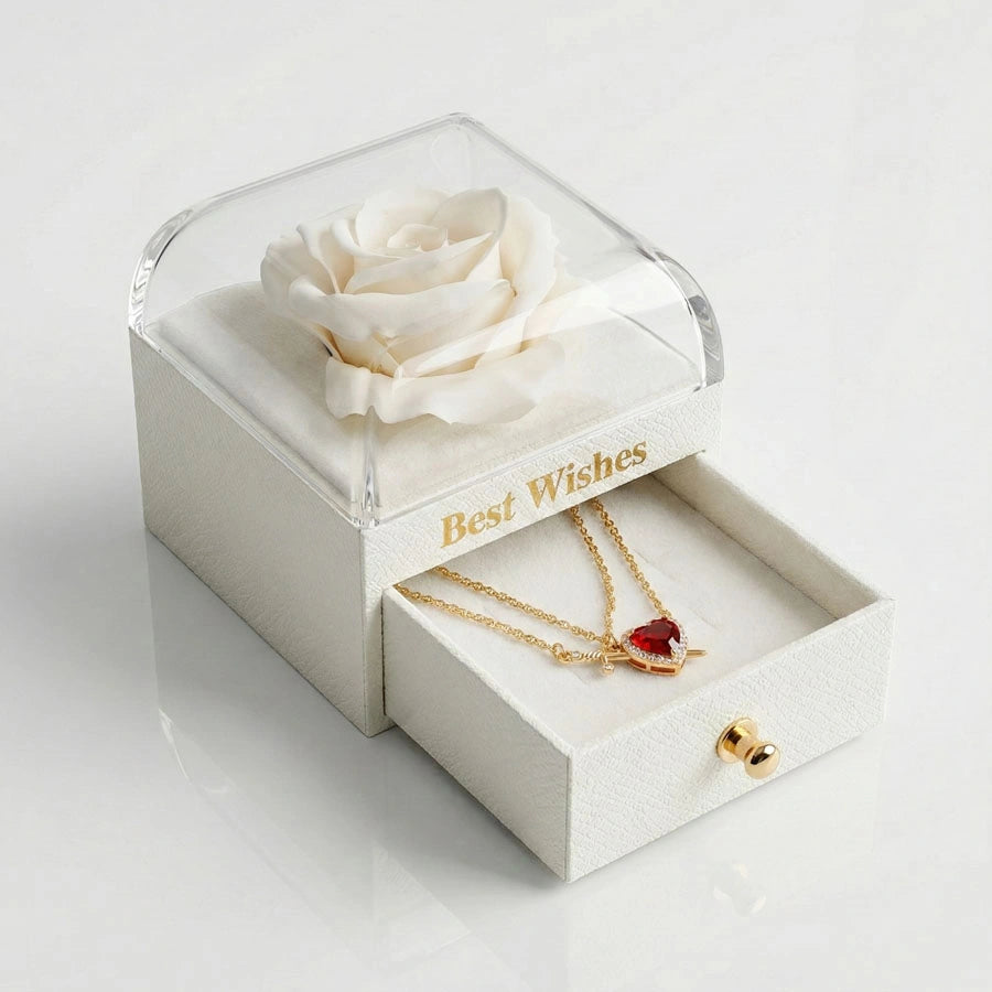 BOÎTE AMOUR ÉTERNEL BLANC AVEC COLLIER CŒUR ET ÉPÉE (2 PIÈCES)