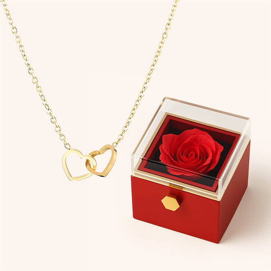 BOÎTE ÉLÉGANTE AVEC COLLIER DOUBLE CŒUR & ROSE